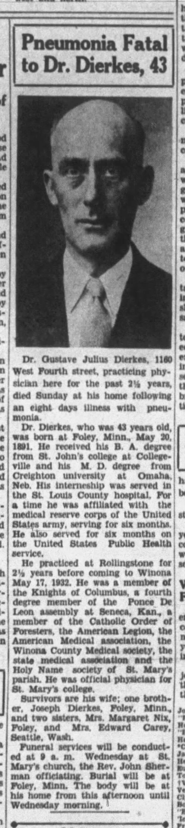 Gus Dierkes Obituary- Winona Daily News 10 Dec. 1934 pg3